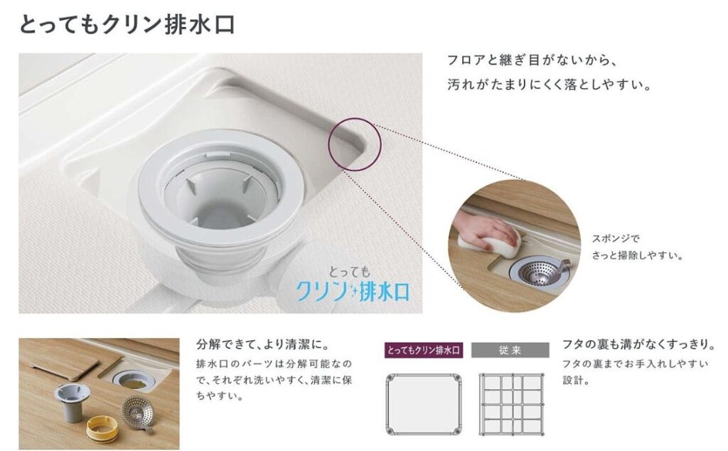 とってもクリン排水口、フロアと継ぎ目がなくて、蓋の裏も溝がなくなりました。