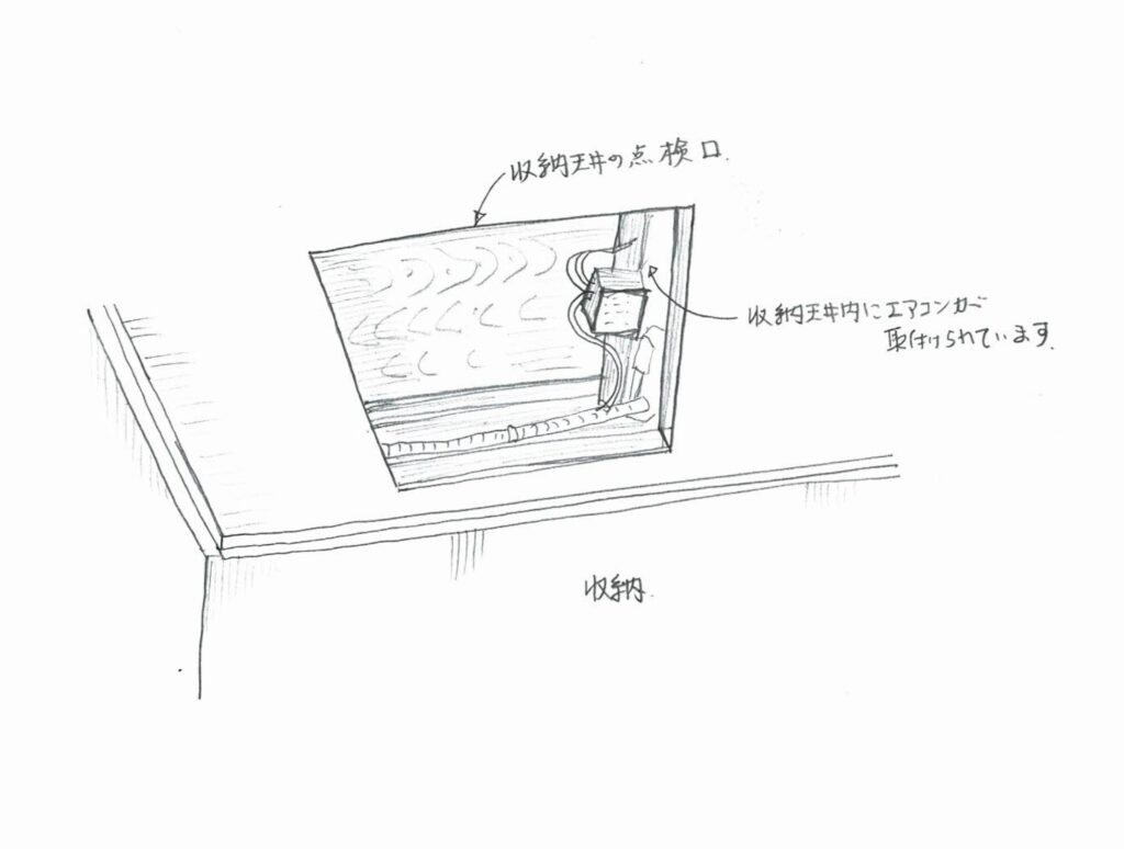 収納天井裏に設置されたエアコンの交換で点検口が小さいのでエアコンの交換ができない。