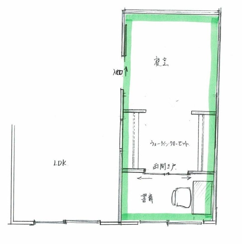 手狭な「寝室」に隣接する「空き部屋」をとりこんで、憧れのウォークインクローゼット&書斎に!のイメージ図