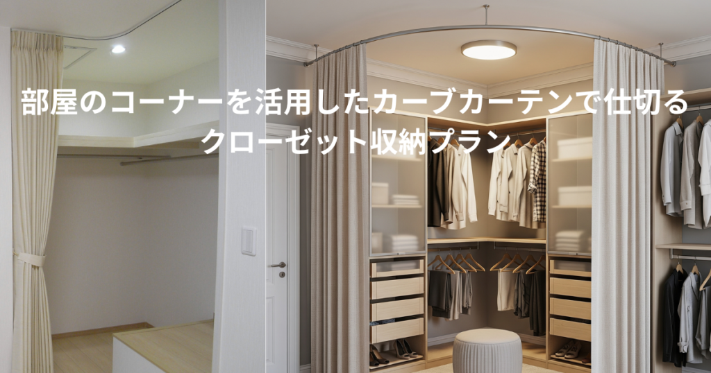 部屋のコーナーを活用した、カーブカーテンで仕切るクローゼット収納プラン