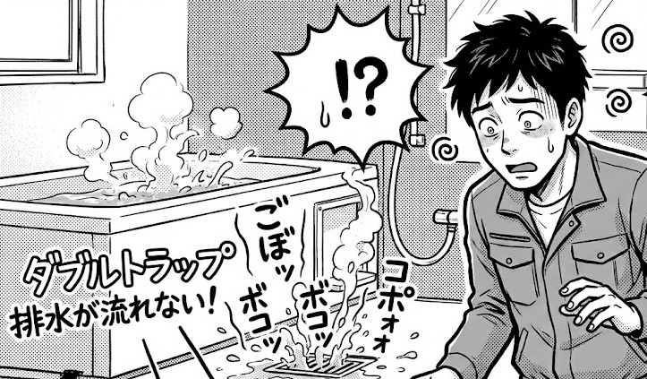 排水の流れが悪くて焦っているリフォーム担当者。