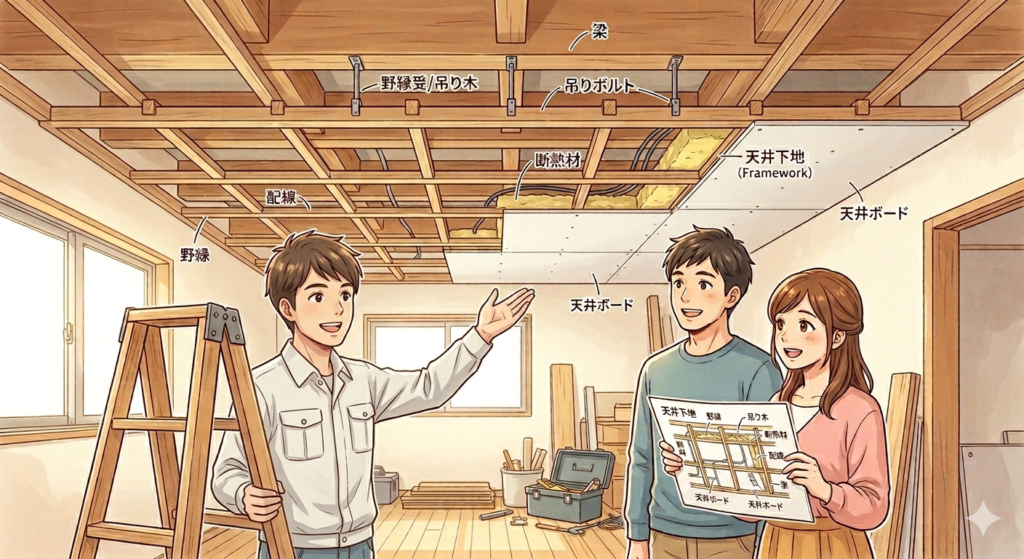 天井の裏側には、天井板をとめつけるための木や軽鉄でできた骨組みが組まれているイメージ