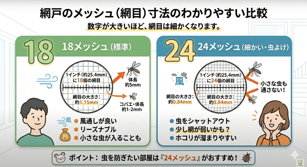 １８メッシュと２４メッシュの違いについてのイメージ図