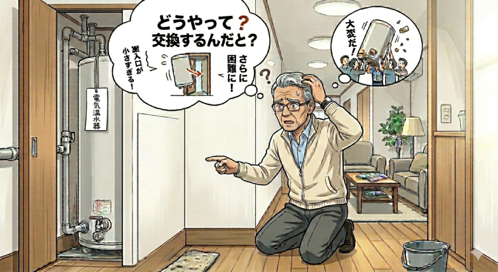 マンションの電気温水器の交換を考えていた時に温水器が開口より大きいことに気づいてどうしようと悩んでいる様子のイメージ。