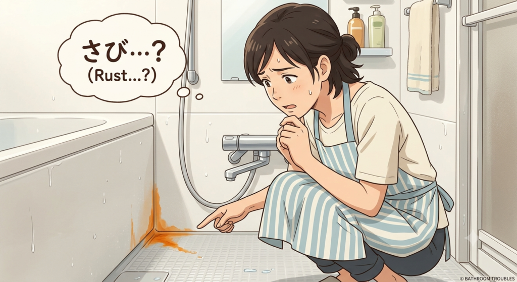 ユニットバスの床と壁のすき間から錆び汁が出てきたイメージ図。