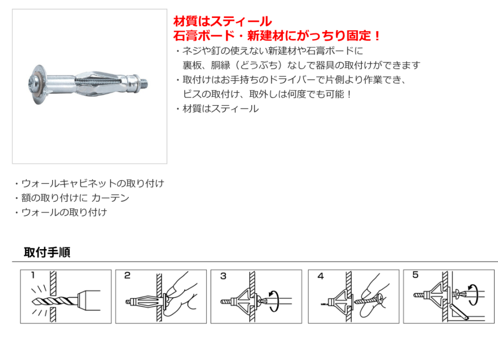 ロブテックス製のボードアンカーの施工手順
