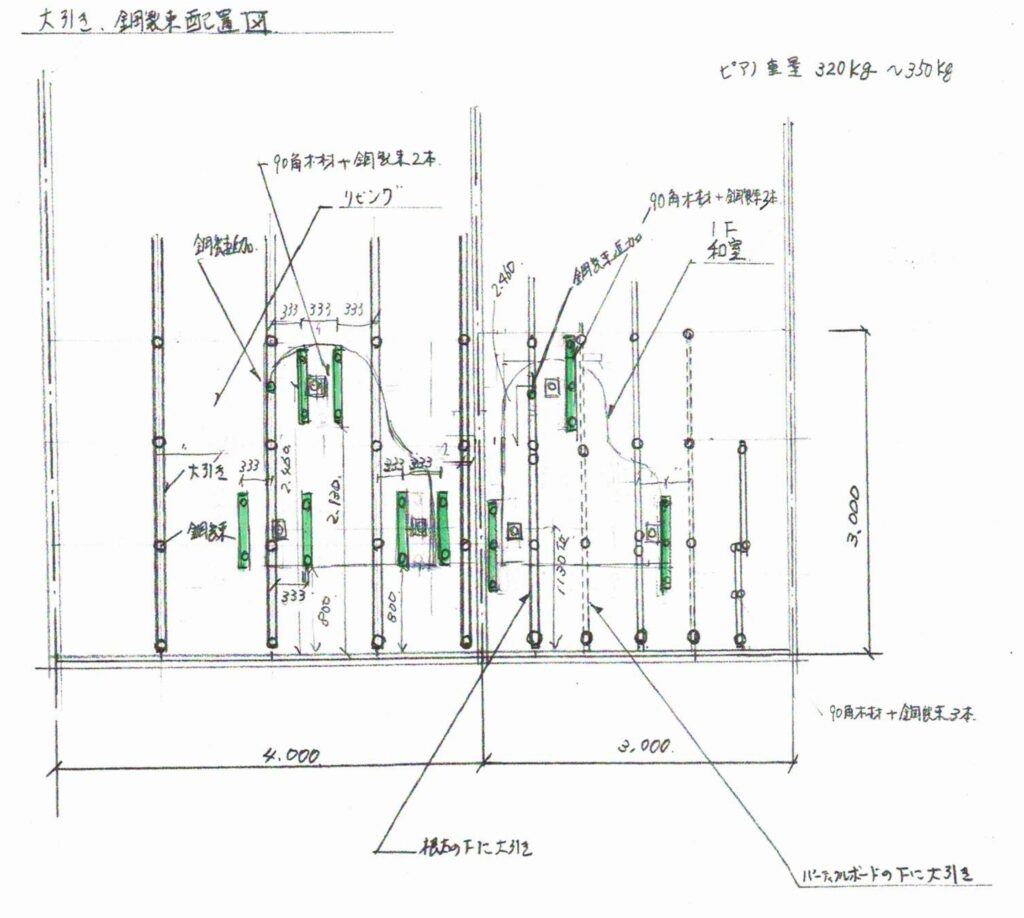 ピアノを設置する場所の床下補強計画図。（神奈川県大和市）